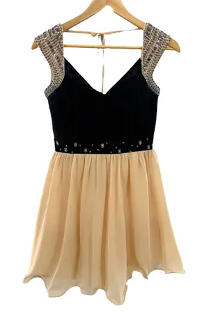 Little Mistress Black‎ Beaded Cap Sleeve Skater Dress Peach Chiffon Skirt thumbnail 1