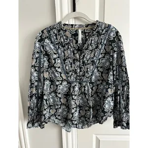 Anthropologie Floral Cotton Peasant Blouse Small Blue/Green thumbnail 2