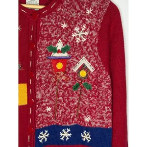 Vintage White Stag Christmas Cardigan Sweater Small‎ Red Holiday Snowman Tree thumbnail 5