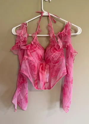 Tezenis Pink Floral‎ Mesh Corset Top Ruffle Off Shoulder Halter 32B thumbnail 1