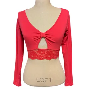 Anthropologie S/M Lace-Trim Cutout Long-Sleeve Crop Top Red Coquette Ballet Sexy thumbnail 2