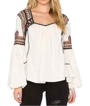Free People Snow Kisses Cream Embroidered Long Sleeve Top Shirt size XS thumbnail 1