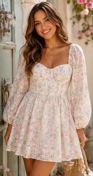 City Studios Floral Eyelet Corset Mini Dress Pastel Pink Blue XL thumbnail 1