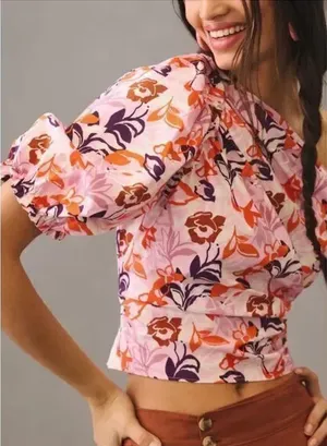 Anthropologie Maeve Puff Sleeve One Shoulder Blouse Floral Pink Med thumbnail 1