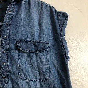 Nine West Jeans Chambray Soft Denim Cap Tie Collar Western Blouse Top Medium thumbnail 5