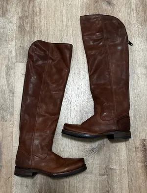 Frye | Women's Melissa Over The Knee Brown Cognac Riding Leather Boots, 7B thumbnail 1