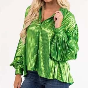 Flying Tomato NWOT Boutique  pleated lime metallic button down top size small thumbnail 1