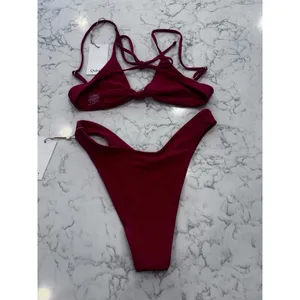 NWT Quince Cherry Red Knot Tie Bikini Top & High Leg Dipped Bottom Set Small thumbnail 2