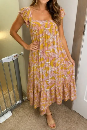 Knox Rose Square Neck Flutter Cap Sleeve Maxi‎ Dress Yellow Pink Floral Tropical thumbnail 1