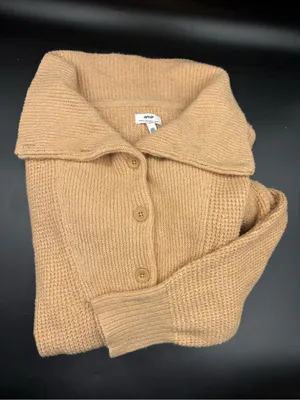 Aerie Cozy Up Waffle Knit Oversized Collar Quarter Button Tan Sweater Size L thumbnail 8