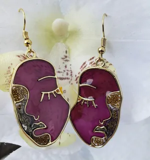 Gold Plated Purple Art Face Handmade Resin Jump Earrings Tones Verdes Jewelry thumbnail 2
