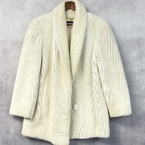 Vintage Womens Faux Fur Coat L/XL? Cream Chevron Shawl Collar Mobwife Glam USA thumbnail 11
