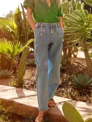 ZARA High Rise Sailor Button Wide Leg Jeans Raw Hem Light Wash US 6 thumbnail 8
