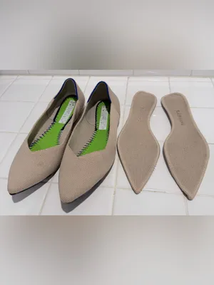 Rothy's Pointed Toe Knit Flats in Light Beige with Blue Trim thumbnail 5