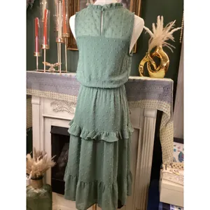 Monteau Los Angeles Sage Green Swiss Dot Ruffle Tiered Midi Dress Small thumbnail 3