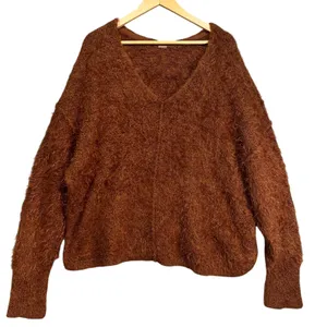 Free People Fuzzy Knit Sweater‎ Brown Slouchy Cozy Boho Pullover M thumbnail 1