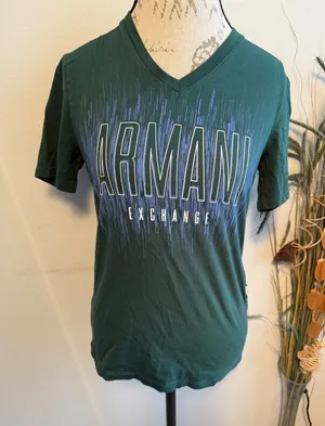 Armani Exchange Womens V-Neck Graphic Tee Forest Green‎ Logo T-Shirt Size S flaw thumbnail 1