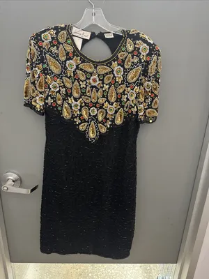 1980s Laurence Kazar NY Beaded Multicolor Bodice Dress Size L VTG 100 Silk 3989 thumbnail 2