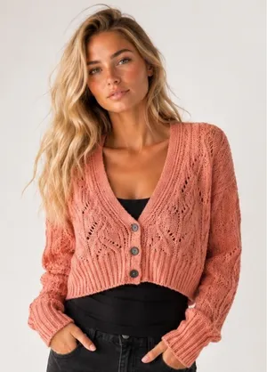 Arizona Jeans Chunky Knit Cropped Cardigan Cozy Cottagecore Orange Pink L thumbnail 1