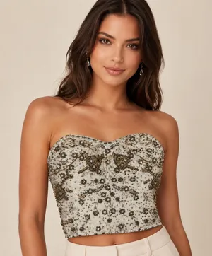 Kimchi Blue Beaded‎ Bustier Corset Top Strapless Cream Gold Floral Women's S thumbnail 1
