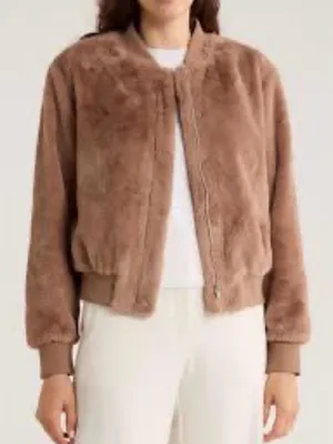 Sanctuary Faux Fur Bomber Jacket - Taupe Brown Sz S thumbnail 1