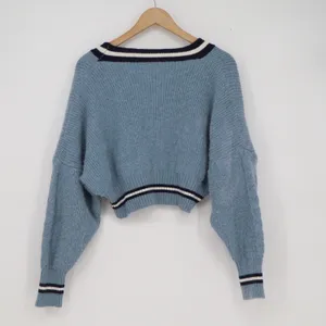 Womens Light Blue Cropped Varsity Cardigan Sweater Striped Trim V-Neck thumbnail 2