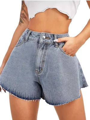SweatyRocks Light Wash High-Rise Denim Shorts with Frayed Hem Size Medium thumbnail 1