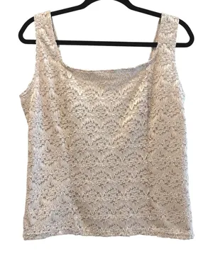 E.C. Designs Cream Lace‎ Tank Top Sleeveless Square Neck Lined USA Made XL thumbnail 1