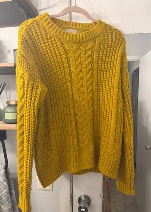 Womens Cable Knit Crewneck Sweater in Mustard thumbnail 1