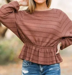 Buckle En Creme Striped Waffle Knit Peplum Top thumbnail 1