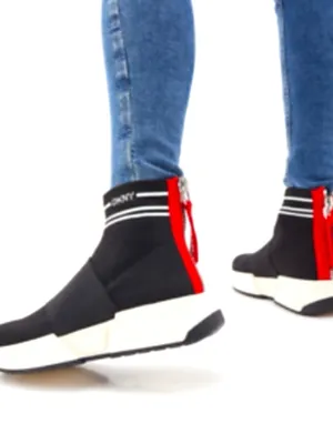 DKNY women Black Knit High-Top Sneakers with Red Heel Zip platform sneakers US 9 thumbnail 5