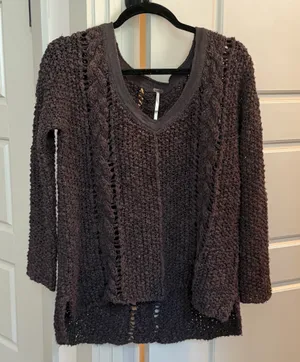 Free People V-Neck Open Cable Knit Charcoal Hi-Low Sweater thumbnail 1