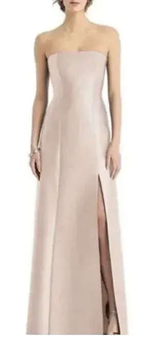 NWT Alfred Sung Strapless Satin Trumpet Gown with‎ Front Slit in Cameo thumbnail 1