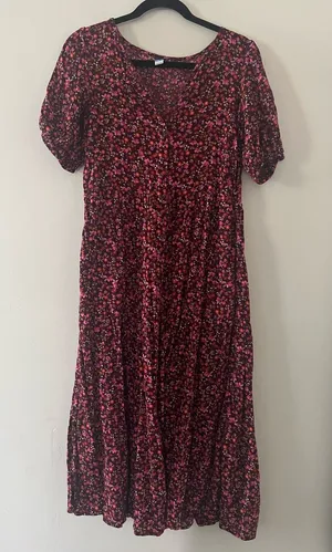 Old Navy Pink Floral Puff Sleeve Shirt Midi Dress XS Button Front Cottagecore thumbnail 1