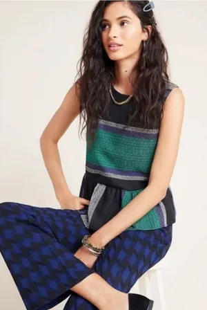 Corey Lynn Calter Anthropologie Woven Striped Peplum Sleeveless Blouse Green S thumbnail 1