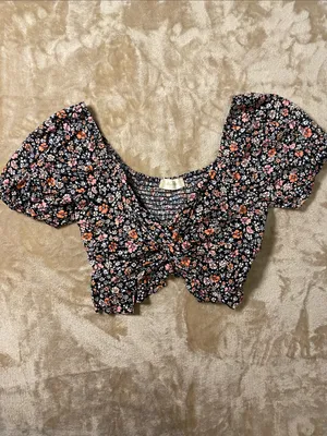 Altar'd State Black Floral Tie-Front Crop Top with Pink & Coral Flowers thumbnail 3