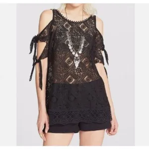 Free People Womens Small Top Black Geo Sands Lace‎ Cold Shoulder Boho Crochet thumbnail 6