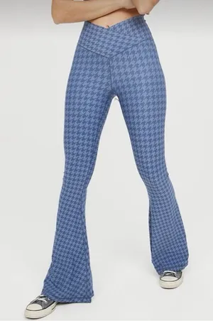 Aerie Crossover Flare Pants in Blue Houndstooth Size Medium Short thumbnail 1