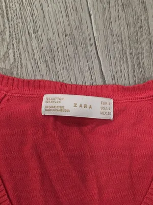 Zara Women Red V-Neck Long-Sleeve Knit Sweater Lightweight Cotton Blend Sz Large thumbnail 3