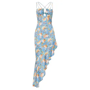 Nookie Simone Blue Floral Satin Asymmetrical Ruffled Cut Out Cocktail Dress L thumbnail 5