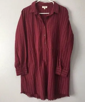 Umgee • Red Striped Long Sleeve Shirt Dress with Pockets Fringe Hem Medium thumbnail 1