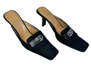 Gucci GG Logo Canvas Mule Heels Black Square Toe Slide Pumps 7.5 Made in Italy thumbnail 1