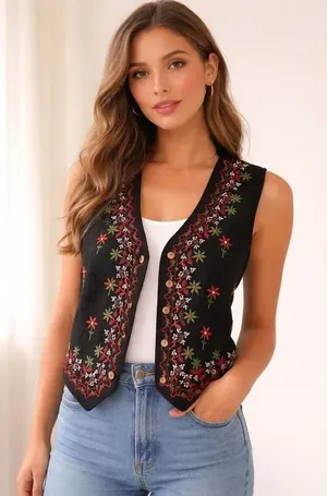 Body Xpressions Vintage Button Front Lined Vest Wool Blend Floral SZ M #2588 thumbnail 1