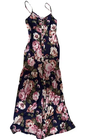 VENUS Navy Maxi Dress with Pink Floral Print and Spaghetti Straps thumbnail 1