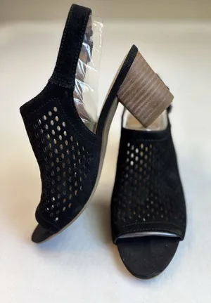 Franco Sarto Mandi Blk Suede Block Heel Shoes Peep Toe Buckle Sz 6.5 Sling Back thumbnail 1