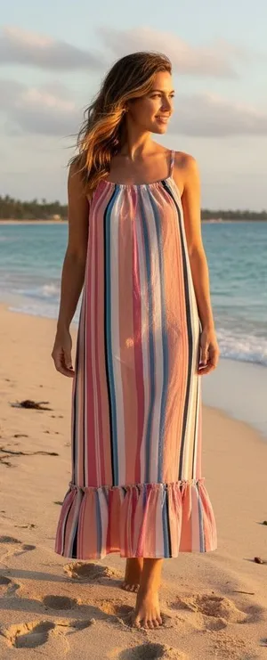 Listicle Pink, Blue & Cream Striped Ruffle-Hem Sundress thumbnail 1