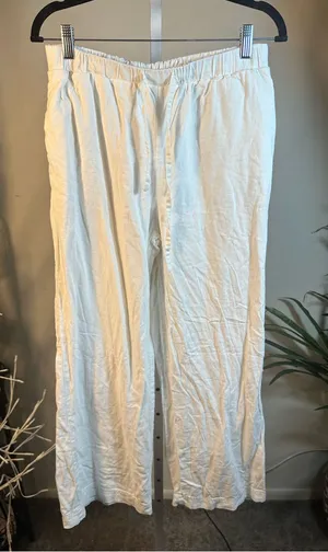 B104. CeCe White Elastic Waist Linen-Blend Wide leg pants thumbnail 1