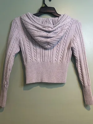 Vine and Valley Gray Cable Knit Zip Hoodie Sweater Women's L Cropped Cozy thumbnail 5