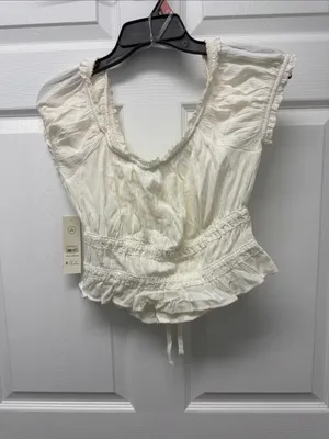 No Boundaries Cream Ruffle Tie-Front Peplum Crop Top thumbnail 2