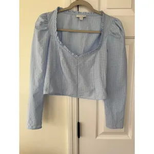 TOPSHOP Baby Blue Gingham Ruffle Sweetheart‎ Neck Crop Top Long Sleeve Size US 2 thumbnail 2